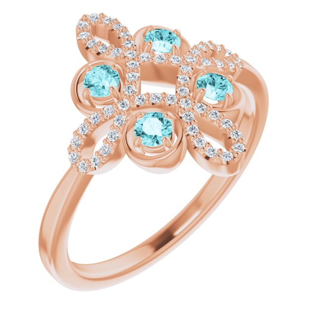 14K Rose Natural Blue Zircon & 1/8 CTW Natural Diamond Semi-Set Clover Ring
